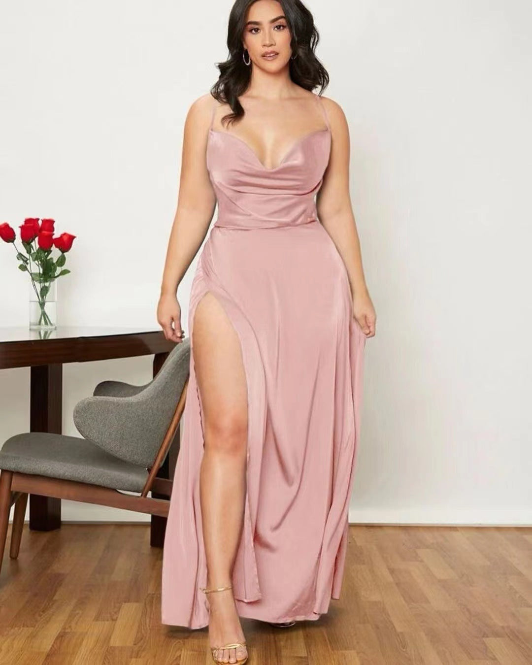 Summer Sexy Slimming Backless Strap Long Split Dress Women's Fashion High Waist Belted Gown V-neck